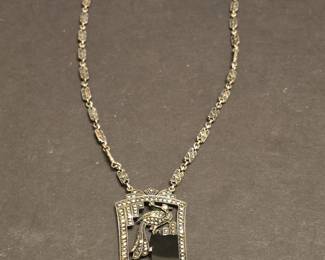 Art Deco Peacock Marcasite and Onyx Sterling Silver Pendant Necklace