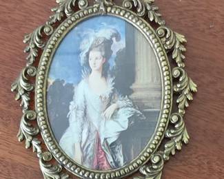 Vintage Ornate Brass Miniature Portrait Frame with Silk Art