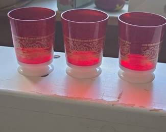 Vintage Ruby Red Flashed Glass Tumblers with Milk Glass Bases