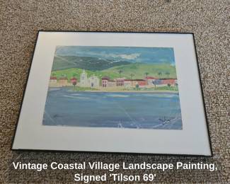 Vintage Coastal Village Landscape Painting, Signed Tilson