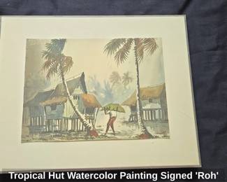 Tropical Hut Watercolor Painting Signed Roh