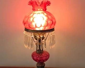 Vintage Cranberry Hobnail Glass Parlor Lamp with Crystal Prisms, attributed to Fenton fourth image