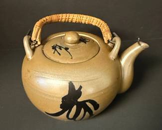 Vintage Japanese Ceramic Dobin Teapot with Calligraphy
