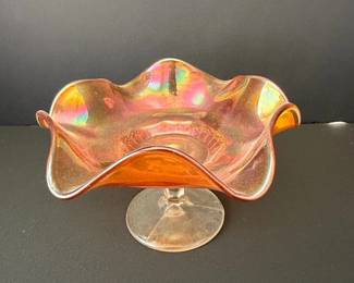 Vintage Marigold Carnival Glass Holly Berry Ruffled Compote