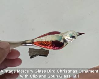 Vintage Mercury Glass Bird Christmas Ornament with Clip and Spun Glass Tail second image
