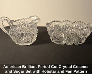 American Brilliant Period Cut Crystal Creamer and Sugar Set with Hobstar and Fan Pattern