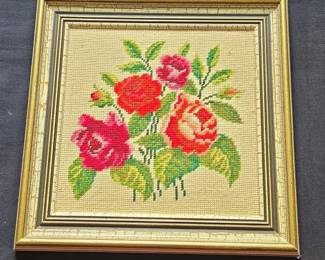 Vintage Framed Floral Needlepoint Rose Bouquet