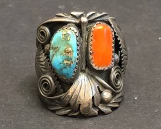 Native American Navajo Sterling Silver Turquoise and Coral Ring