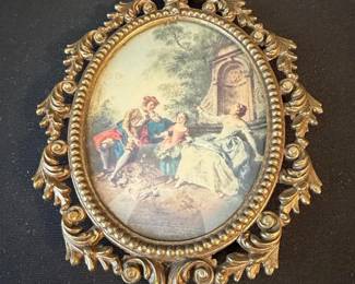 Vintage Italian RococoStyle Brass Oval Frame with Courting Couple Print