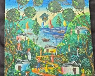 Vintage Haitian Nave School Village and Harbor Scene by L.Y. Alaby