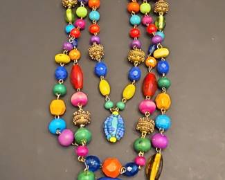 MultiStrand Mixed Bead Statement Necklace with Blue Resin Pendant