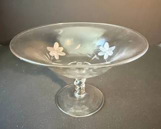 Vintage Etched Glass Pedestal Compote Bowl