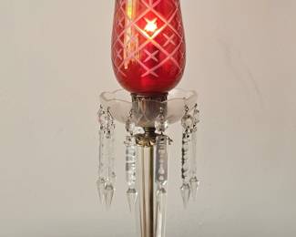 Vintage Cranberry Glass Hurricane Table Lamp with Crystal Prisms fourth image