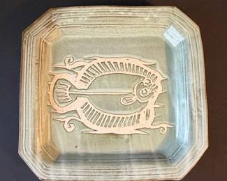 Japanese Studio Pottery Square Plate with Incised Fish Motif and Ten Mark