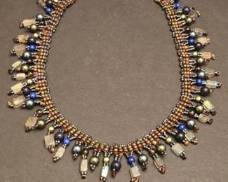 HandBeaded Fringe Statement Necklace with SemiPrecious Stones