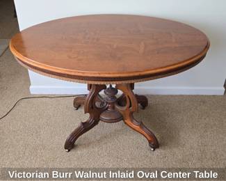 Victorian Burr Walnut Inlaid Oval Center Table
