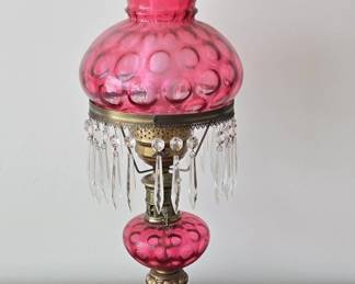 Vintage Cranberry Hobnail Glass Parlor Lamp with Crystal Prisms, attributed to Fenton