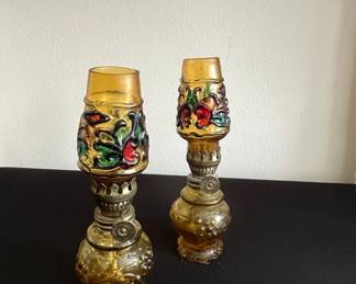 Vintage Amber Glass Miniature Oil Lamp Pair with Floral Enamel Made in Hong Kong
