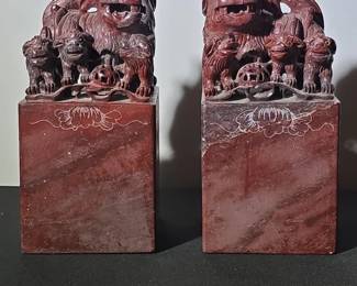 Pair of Chinese Carved Soapstone Guardian Lion Seals, likely midth century