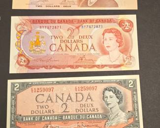 Collection of Three Canadian Two Dollar Banknotes (1954 qty 5, 1974 qty 4 , 1986 qty 2)