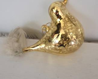 Blown Glass Gold Bird Christmas Ornament with Feather Tail