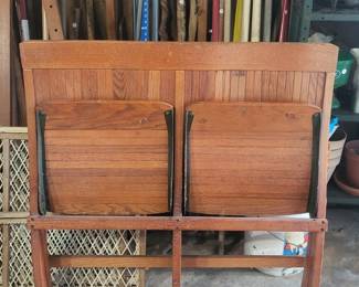 Vintage Wood Slat Double Folding Theater Bench second image