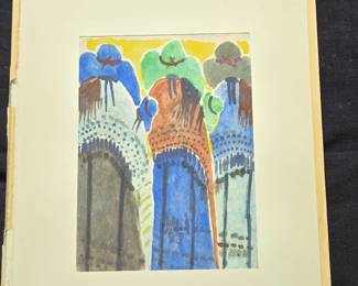 Original Watercolor Painting of Figures in Hats, Signed Mdke