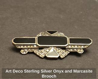 Art Deco Sterling Silver Onyx and Marcasite Brooch