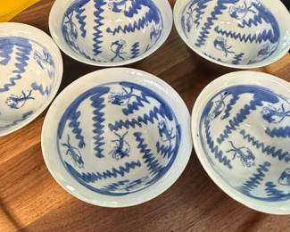 Vintage Chinese Blue and White Porcelain Fish Bowls Set of