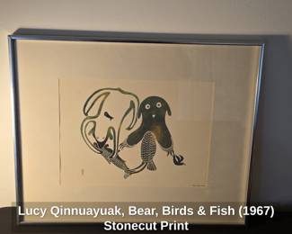 Lucy Qinnuayuak, Bear, Birds Fish Stonecut Print