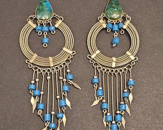 Peruvian Artisan Chrysocolla and Blue Bead Fringe Earrings