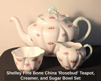 Shelley Fine Bone China Rosebud Teapot, Creamer, and Sugar Bowl Set