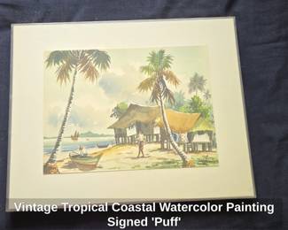 Vintage Tropical Coastal Watercolor Painting Signed Puff