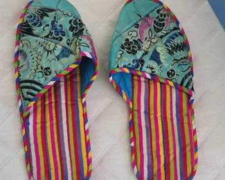 Vintage Chinese Embroidered Silk Dragon Phoenix House Slippers