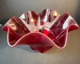 Vintage Ruby Red Blenko Glass Ruffled Bowl