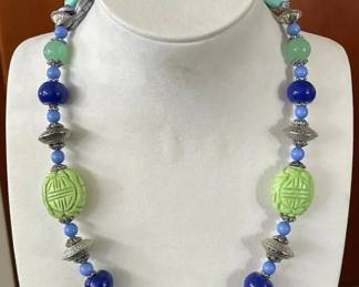BBS009 - Myrna Lee Chang Carved Light Green & Blue Beaded Necklace