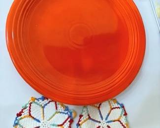 1030s fiestaware platter and handmade trivets