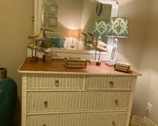 White Wicker Dresser, 4-Drawer w/Mirror, Boho Chic Coastal Cottage