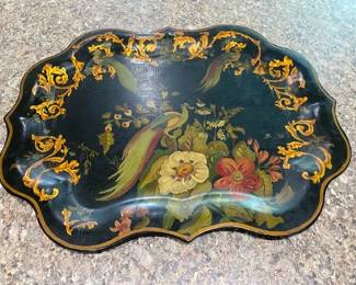Variety of Antique Toleware Metal Trays, Hand-Painted Designs, Gilded Border, Scalloped Edge
