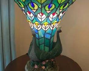 Tiffany-Style Stained Glass Lamp, Double=Headed Peacock Design, Colorful Glalss Panels