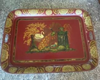 Antique Toleware Burghandy Metal Tray, Hand Painted, Peacock Design