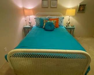 White Wicker/Rattan Full/Queen Bed HB/FB w/Frame, Boho Chic, Coastalm Cottage