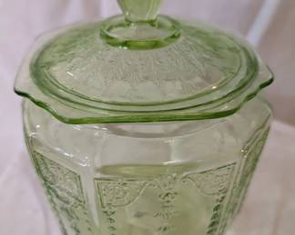 Depression Glass, Georgian Love Birds Green Jar; Also available Plates, Cups/Saucers