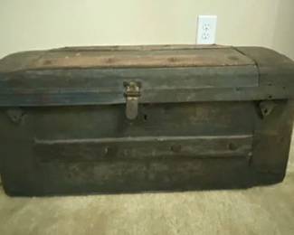 Antique Wooden Dome Top Steamer Trunk, Center Metal Clasp, Wood Slats, 19th Century