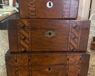 Antique 19th Century Tunbridge Ware Parquetry Wooden Boxes - 3 Stackable Sizes