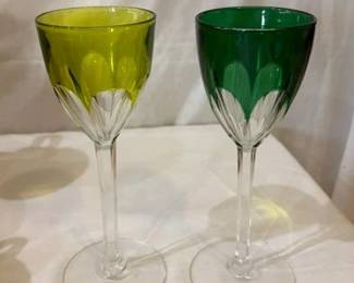 Baccarat Vintage French Crystal Rhine Wine Glasses (2), Genova Pattern, Chartreuse & Emerald Green