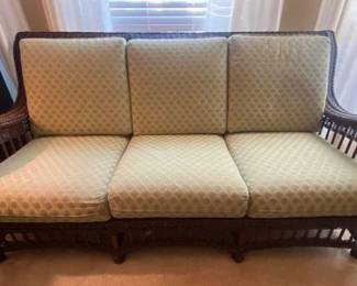 Rattan/wicker Sofa, Brown Finish, Sage Greemn Pattern Cushions