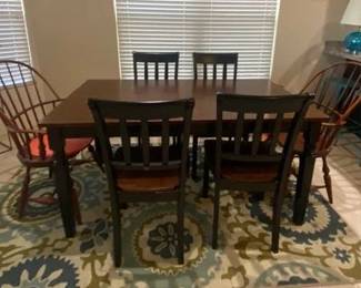 Dining Table, Rectangle Farmhouse Style, Stained Wood Top, Black Legs, 4 Slatted Side Chairs, Ashley Furniture