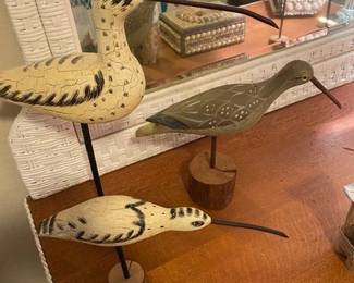 Decorativee Shorebird Decoys, Long-Billed Curlews, Hand-Painted Mounted on Wood Blocks