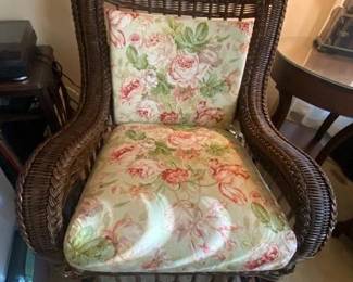Rattan Wicker Rocker, Brown FInish, Sage Green/Floral Cushions